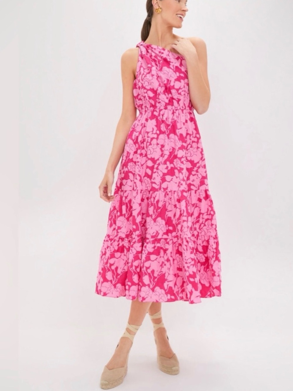 Hyacinth House One-Shoulder Floral Midi Dress in Hot Pink
